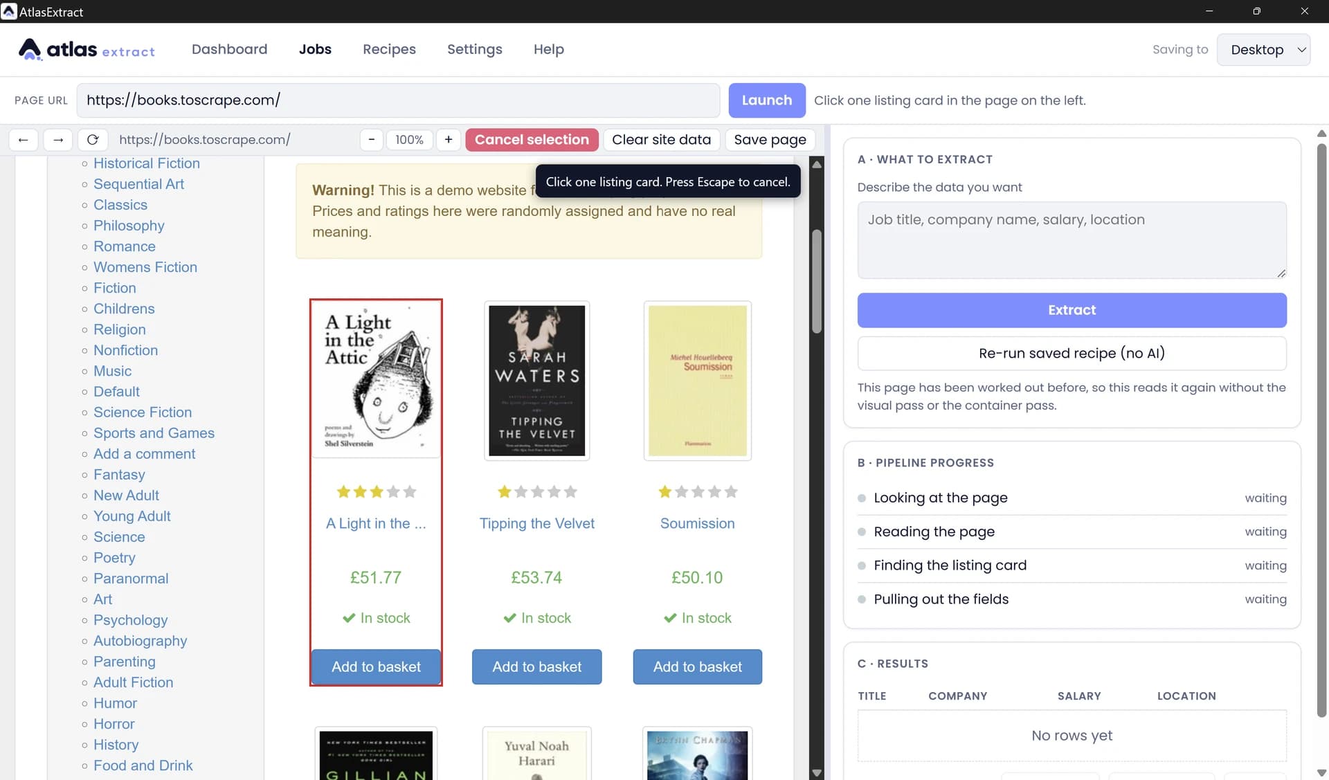 Click-to-teach: a listing card outlined in red after the user clicks it